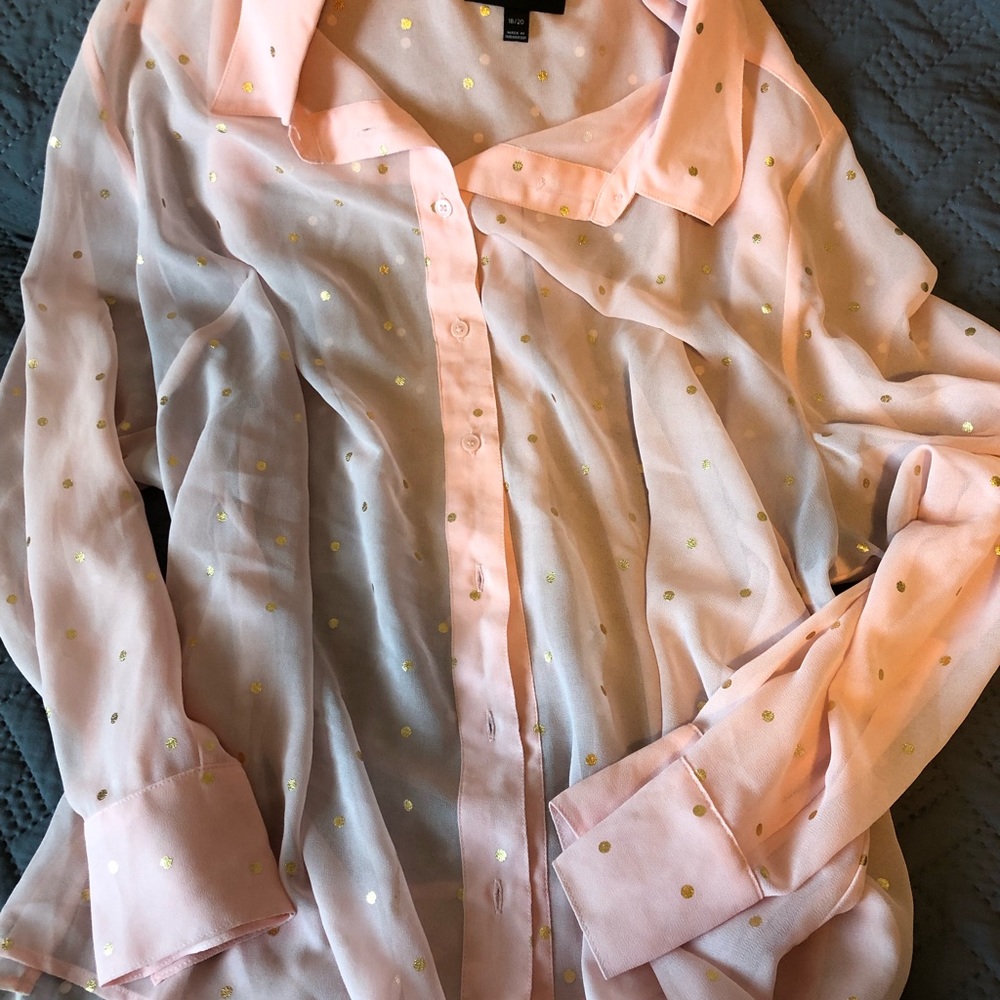 Pink and gold button up shear top
